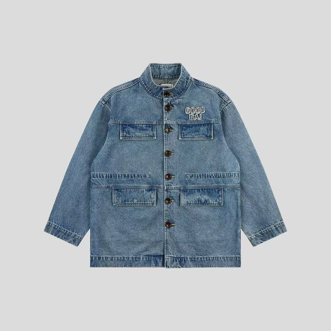GOODBAI logo多口袋翻领oversize抽绳牛仔外套