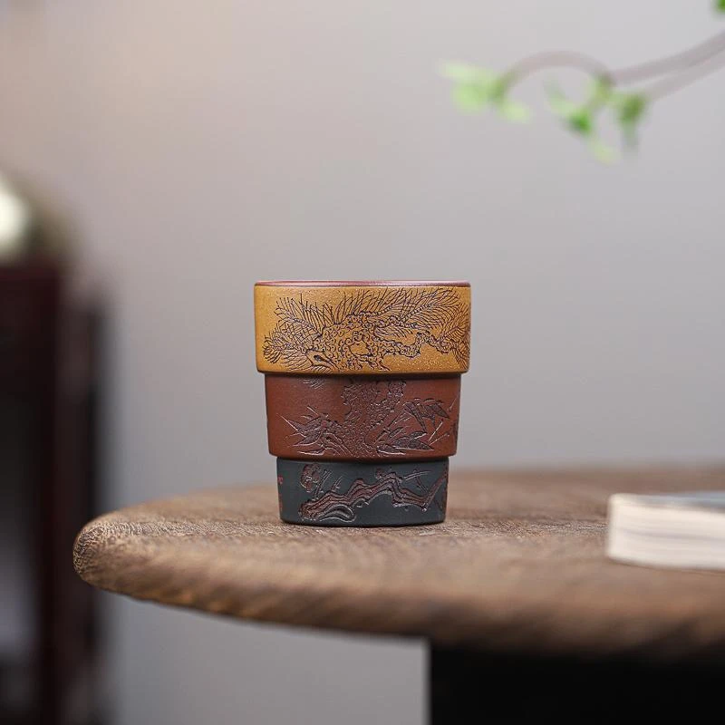 手工杯  宜兴紫砂  仇峰岁寒三友堆叠三色竹节杯