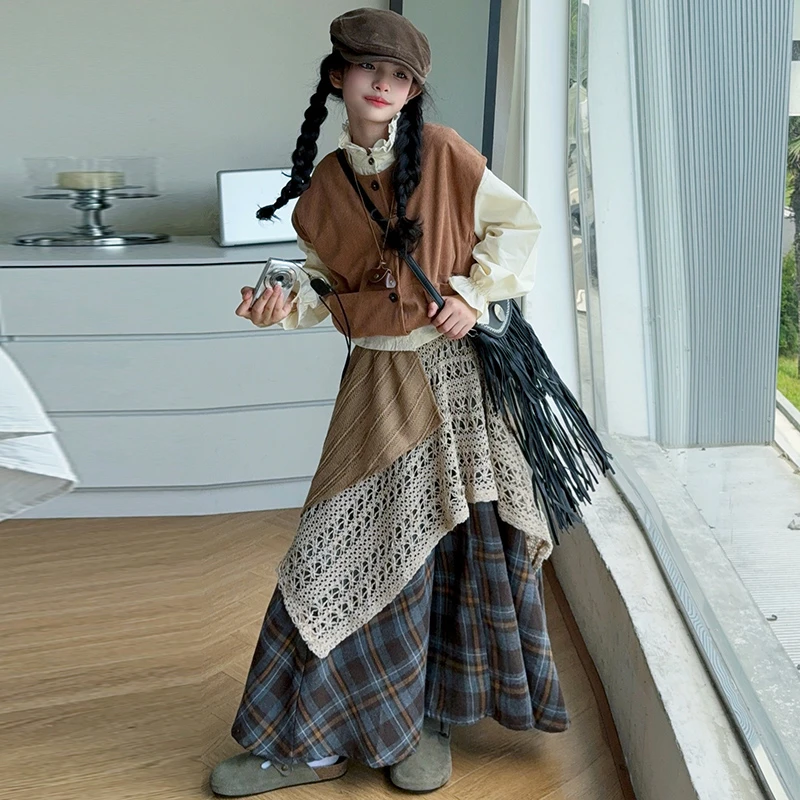 女童学院风套装2025秋季韩系百搭洋气马甲衬衫半身裙三件套时尚风