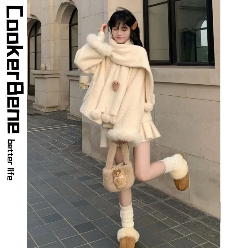 甜美可爱风高级感套装女秋冬季小个子白色毛绒外套时尚百搭百褶裙