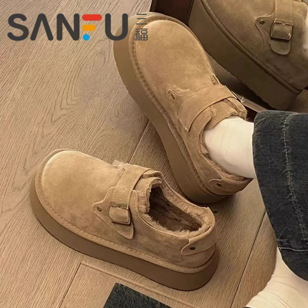 三福真皮勃肯鞋女款厚底增高雪地靴冬季加绒学生保暖防滑毛毛棉鞋