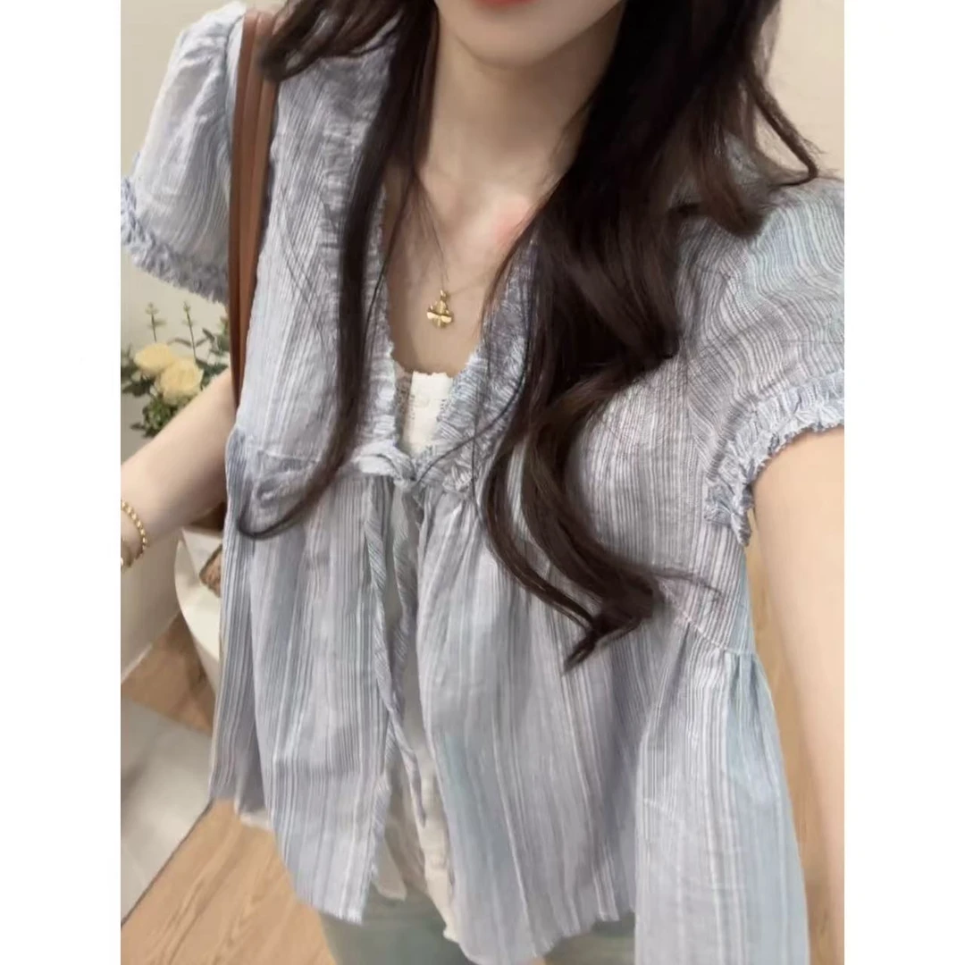 【五分糖】叠穿感系带假两件小衫女木耳边蓝白条纹百搭宽松