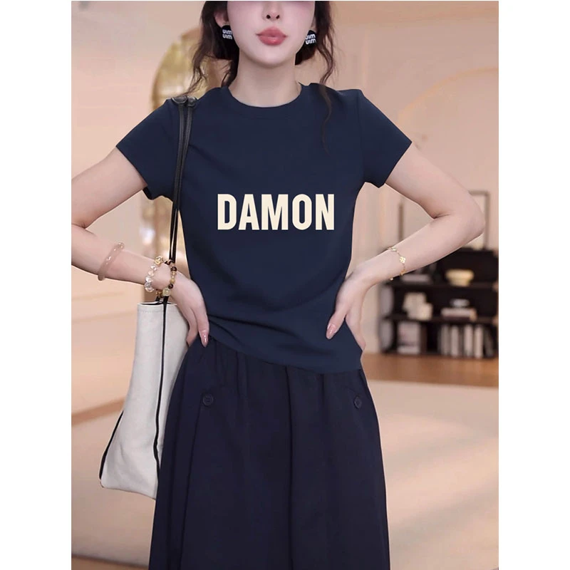 高级感藏青色拉领修身印花短袖t恤女小众设计感气质百搭显瘦上衣