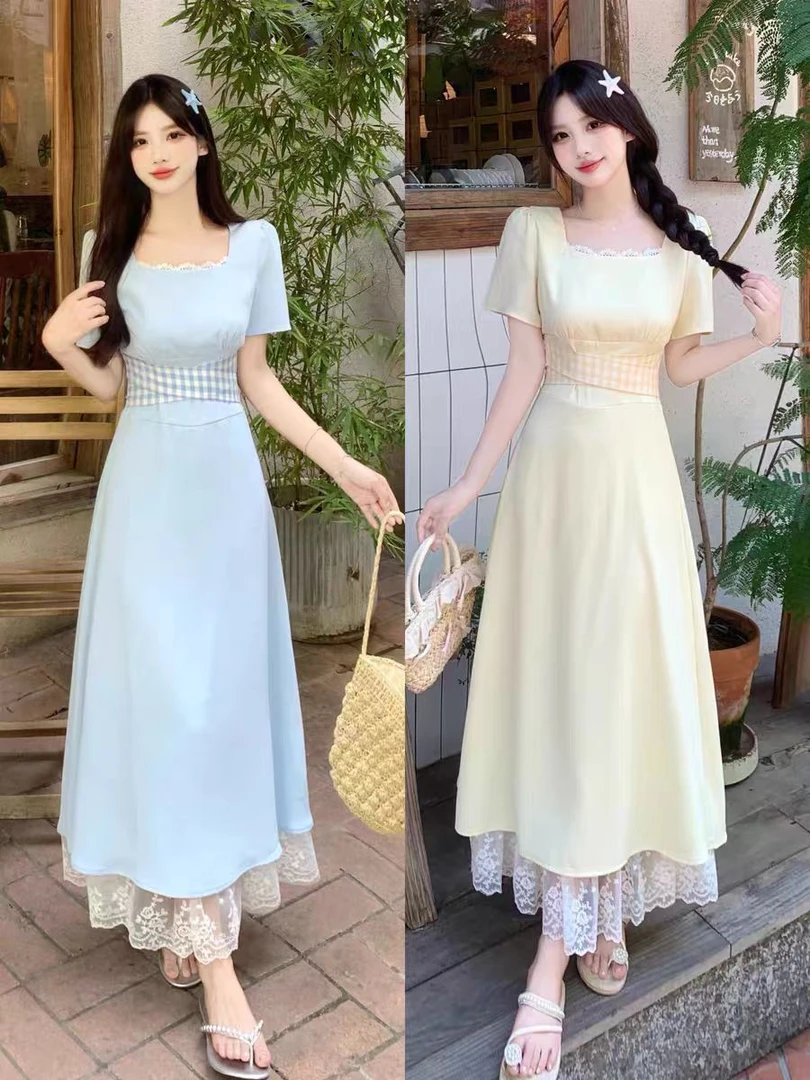 （胖小朵）大码夏季新款时尚气质蕾丝拼接方领连衣裙显瘦裙子1822