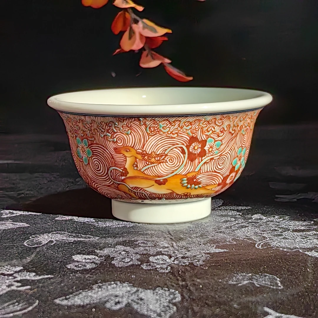 立勤堂 红绿彩矾红海水鹿压手杯 LQ540