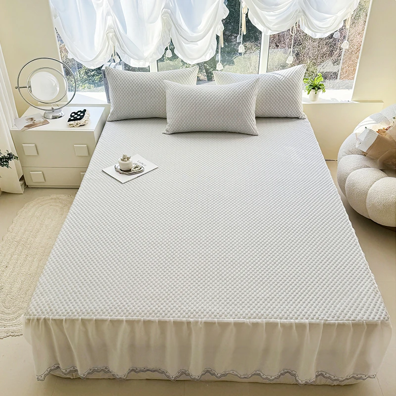 夏季冰丝凉席冰豆豆三件套凉感空调席床裙款可水洗双层花边