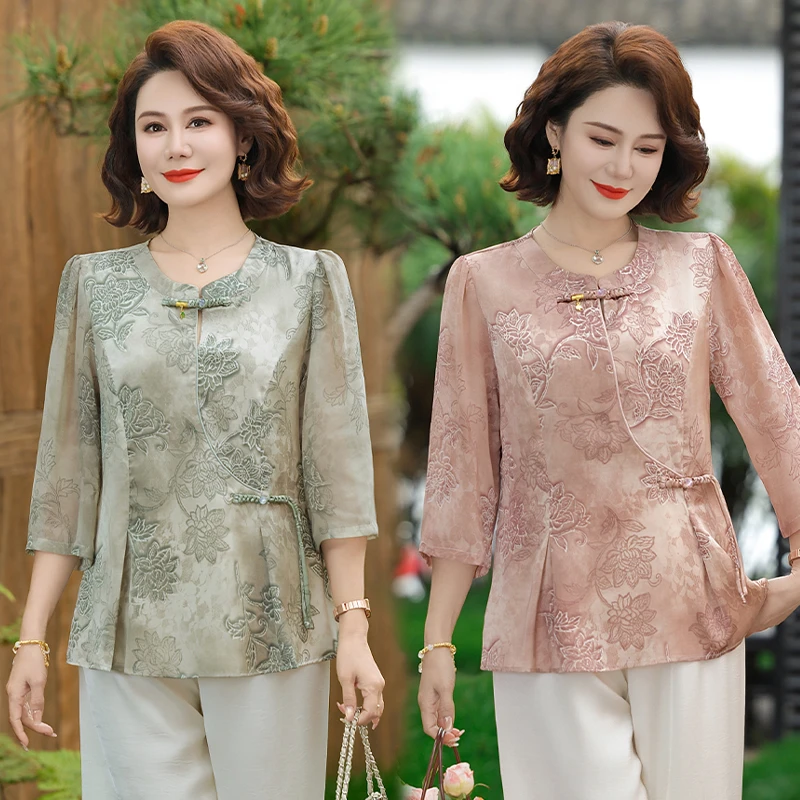 中年妈妈夏装七分袖衬衣套装2025新款洋气质中老年女装小衫两件套
