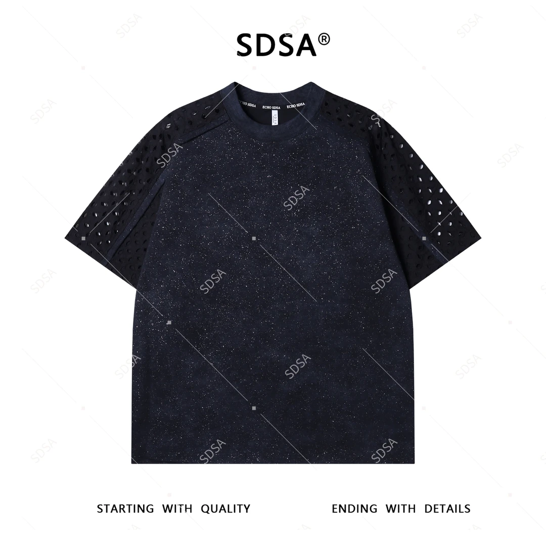 夏季高级感新款男士美式满天星拼接镂空设计短袖T恤时尚圆领上衣