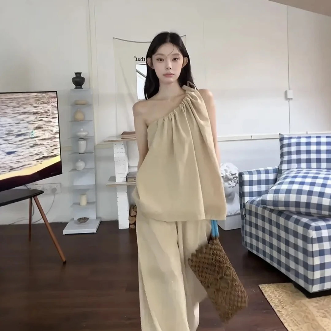 【清仓现货发】亚麻+天丝夏季新款镂空斜肩宽松背心+直筒休闲裤套装