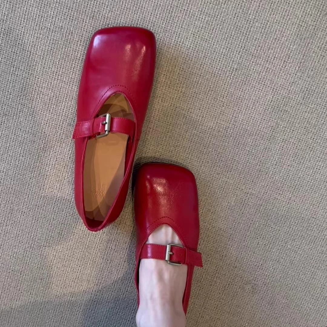 羊皮版~复古风赫本风尖头粗跟浅口单鞋女通勤玛丽珍鞋英伦小皮鞋