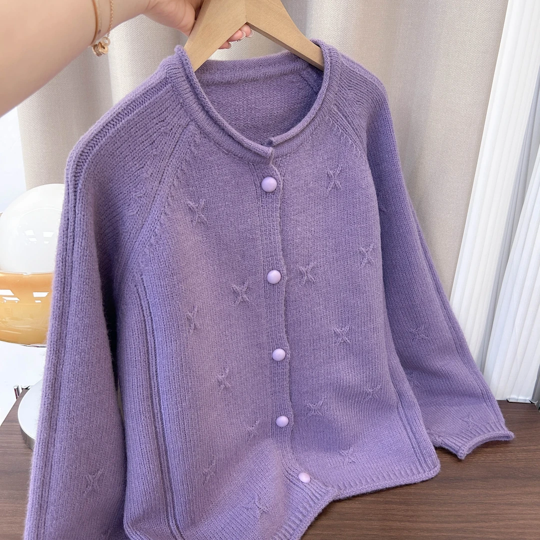 卷边圆领四叶草跟色扣开衫针织衫春秋季新款上衣宽松韩版毛衣外套