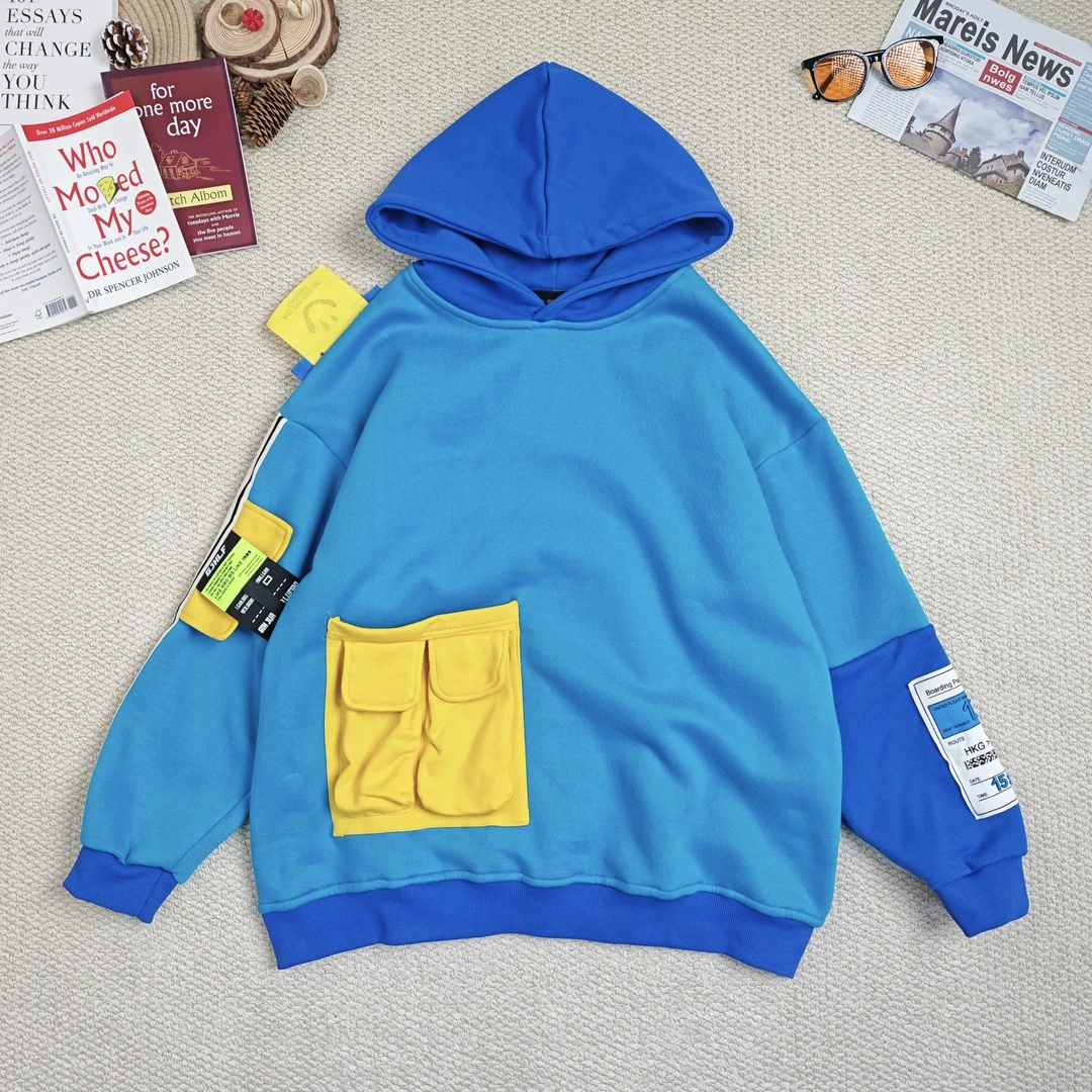 2024年秋季新款拼色加绒加厚连帽休闲卫衣8577