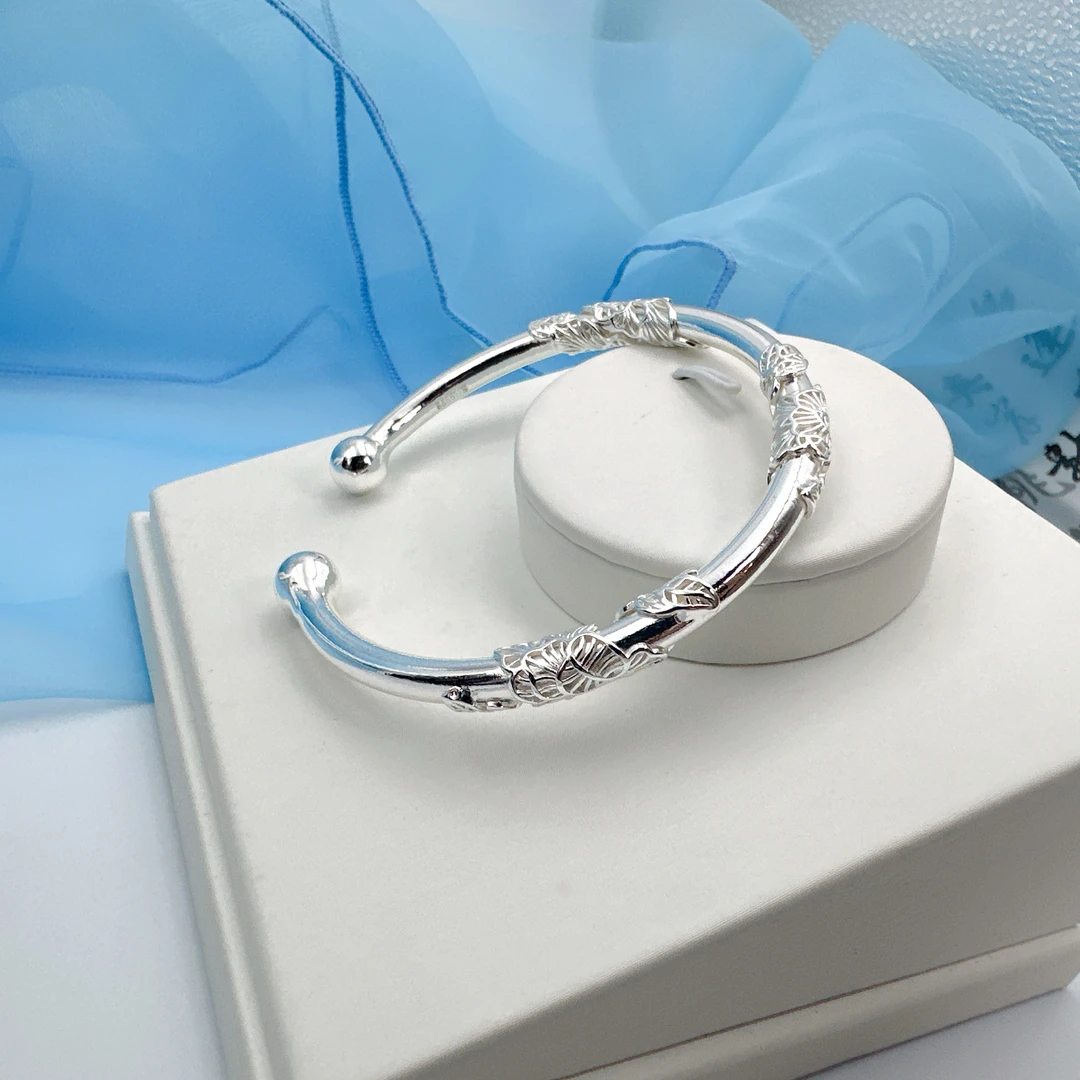 足银手镯 繁花似锦手镯银9999实心开口银镯子年轻款送女友礼物