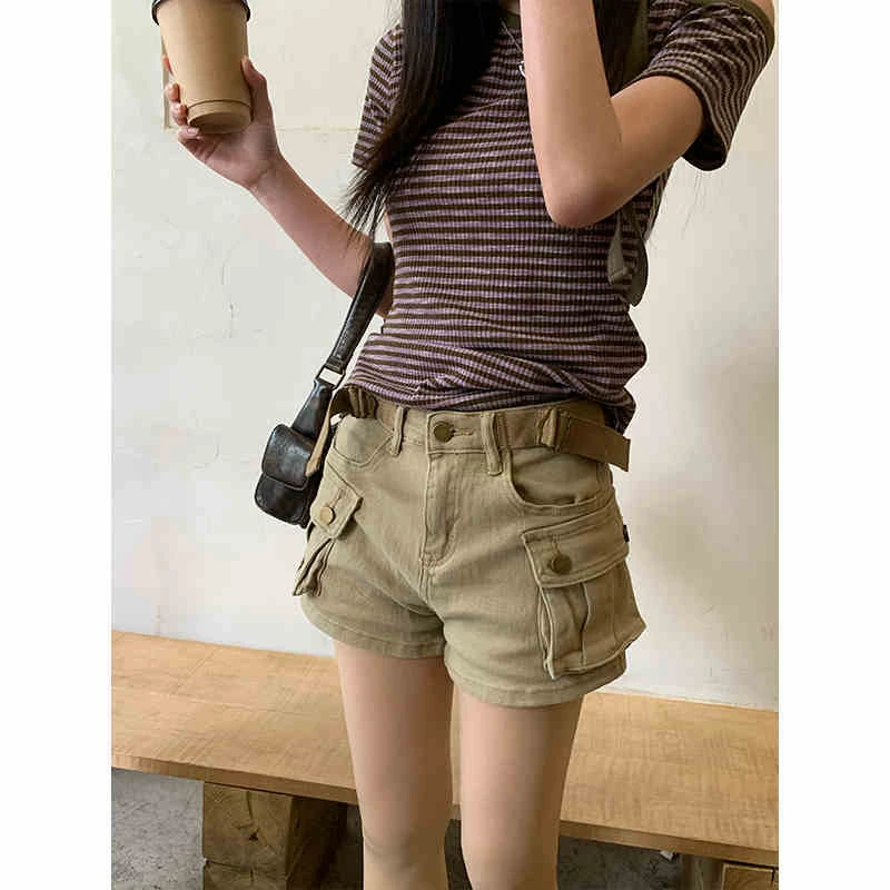 夏季爆款卡其色工装牛仔短裤女辣妹高腰水洗复古直筒大口袋热裤子