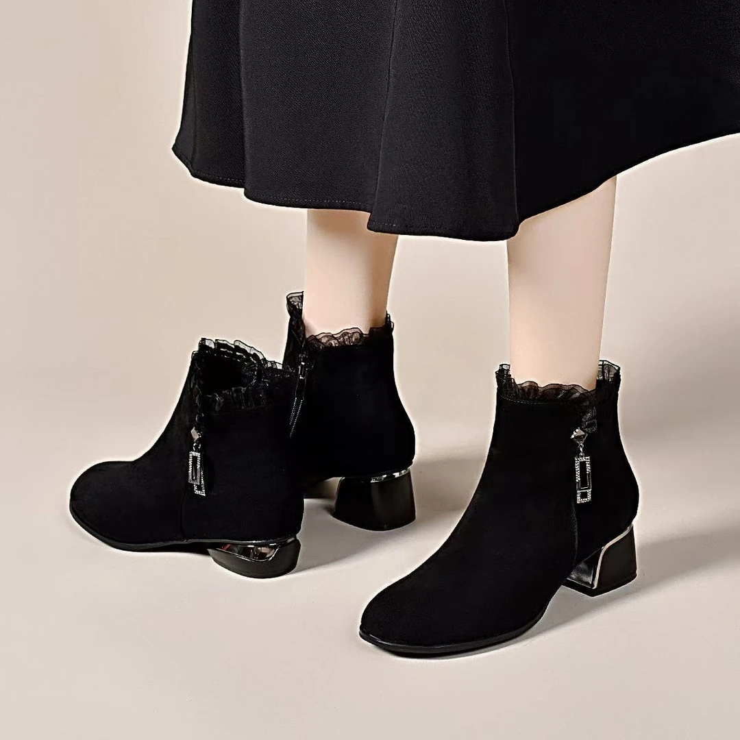 小短靴真皮圆头磨砂软羊皮2025新款及踝靴子女秋冬加绒软底妈妈鞋