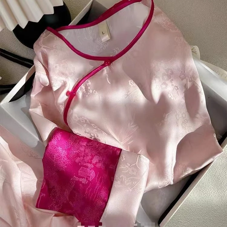 古风新中式高级感国风睡衣女冰丝春夏季提花复古长袖家居服可外穿