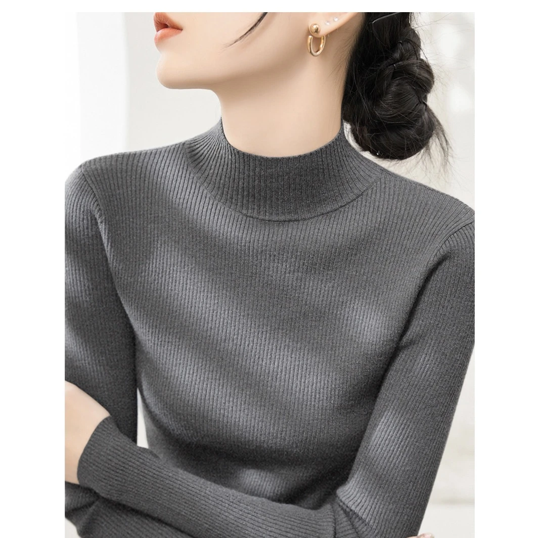 春季高级修身时尚简约针织衫女装半高领长袖套头内搭打底上衣女装