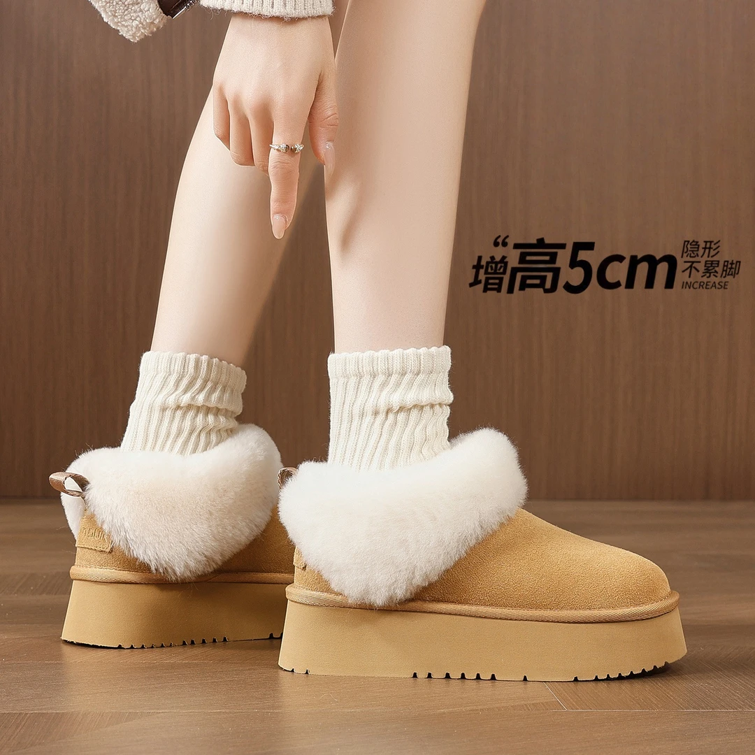 保暖一脚蹬毛毛面包棉鞋防水厚底内增高2025冬季新款外穿雪地靴女
