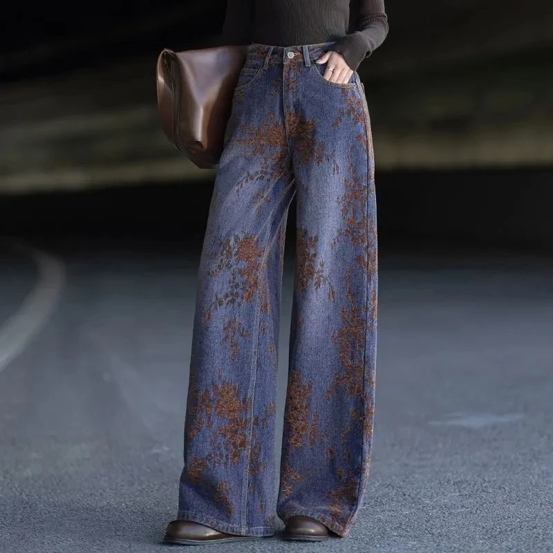 加厚植绒雪尼尔牛仔裤女2025新款秋冬版型好看裤子棕色提花阔腿裤
