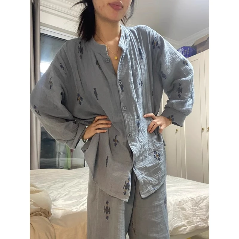 睡衣女款爆款2025新款春秋季灰蓝菱格甜美可爱风可外穿家居服套装