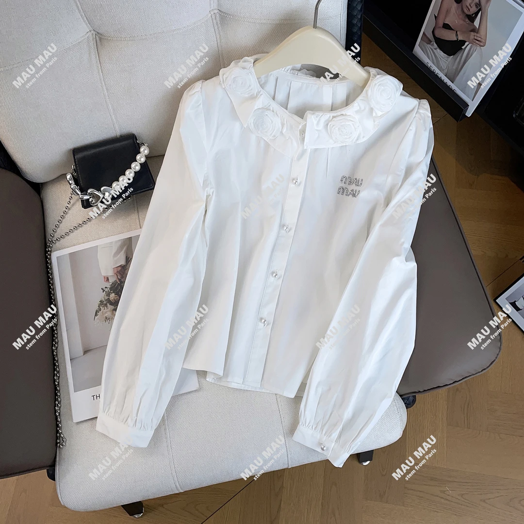 轻奢高端女装25秋冬季法式设计感字母烫钻立体花朵衬衫上衣DY8613