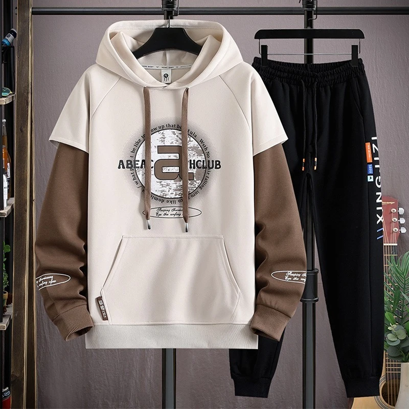 假两件卫衣春秋季休闲运动套装宽松大码男装一套搭配帅气连帽衣服