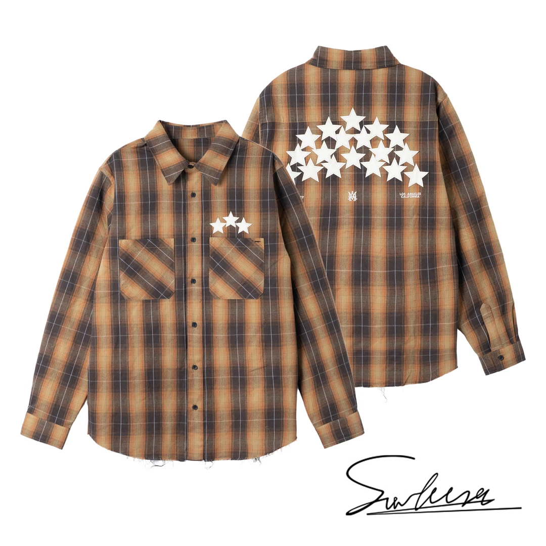SUNTEEZA24新款张艺兴同款美式复古星星拼皮慵懒外套衬衣格纹衬衫