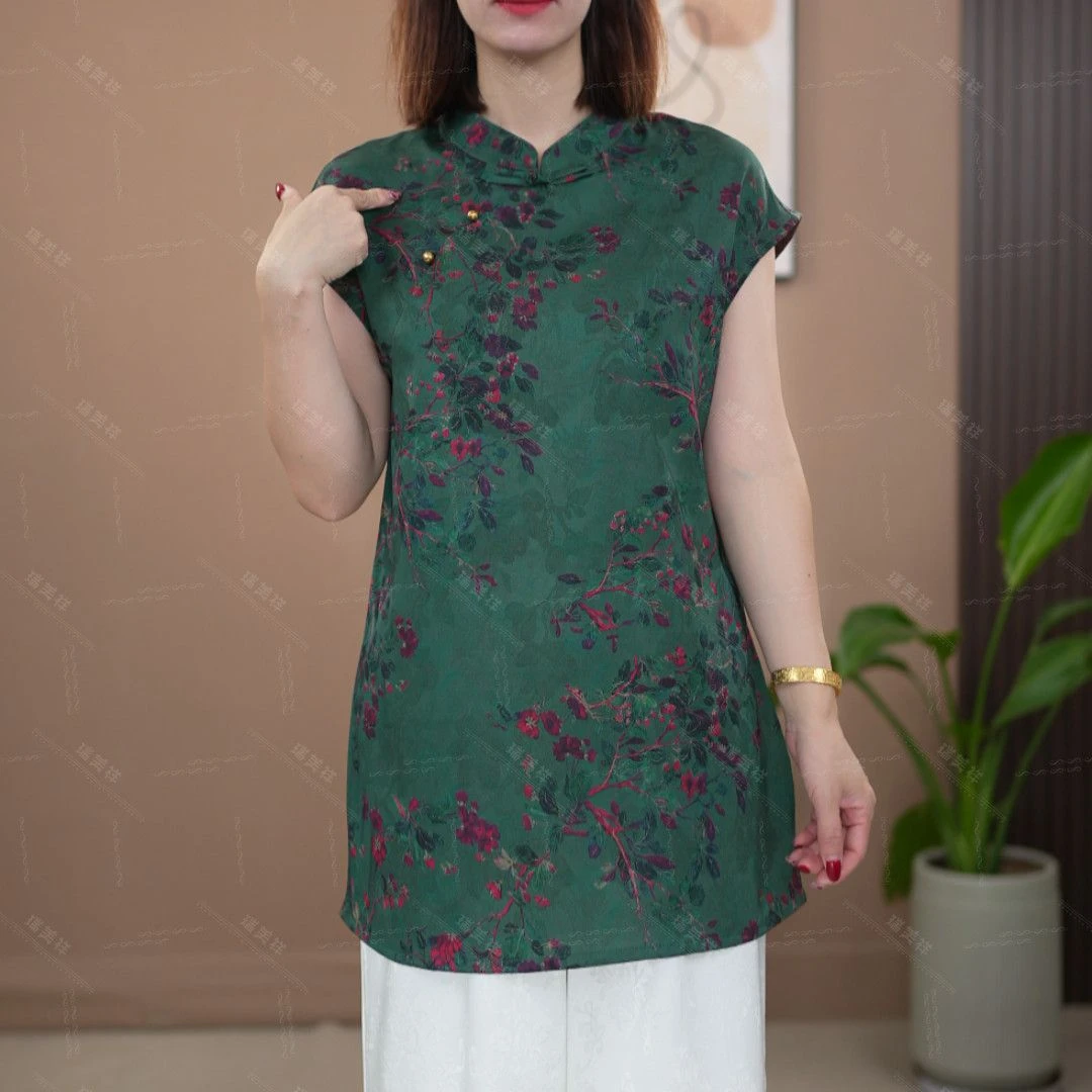 【绿仙】桑丝7年老料香云砂新中式奥黛小飞袖中长款上衣7806