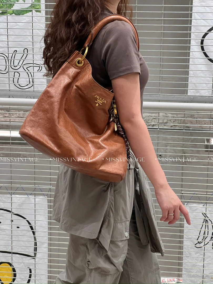 95新 Prada/普拉达 觅时/金棕单肩托特包/114066