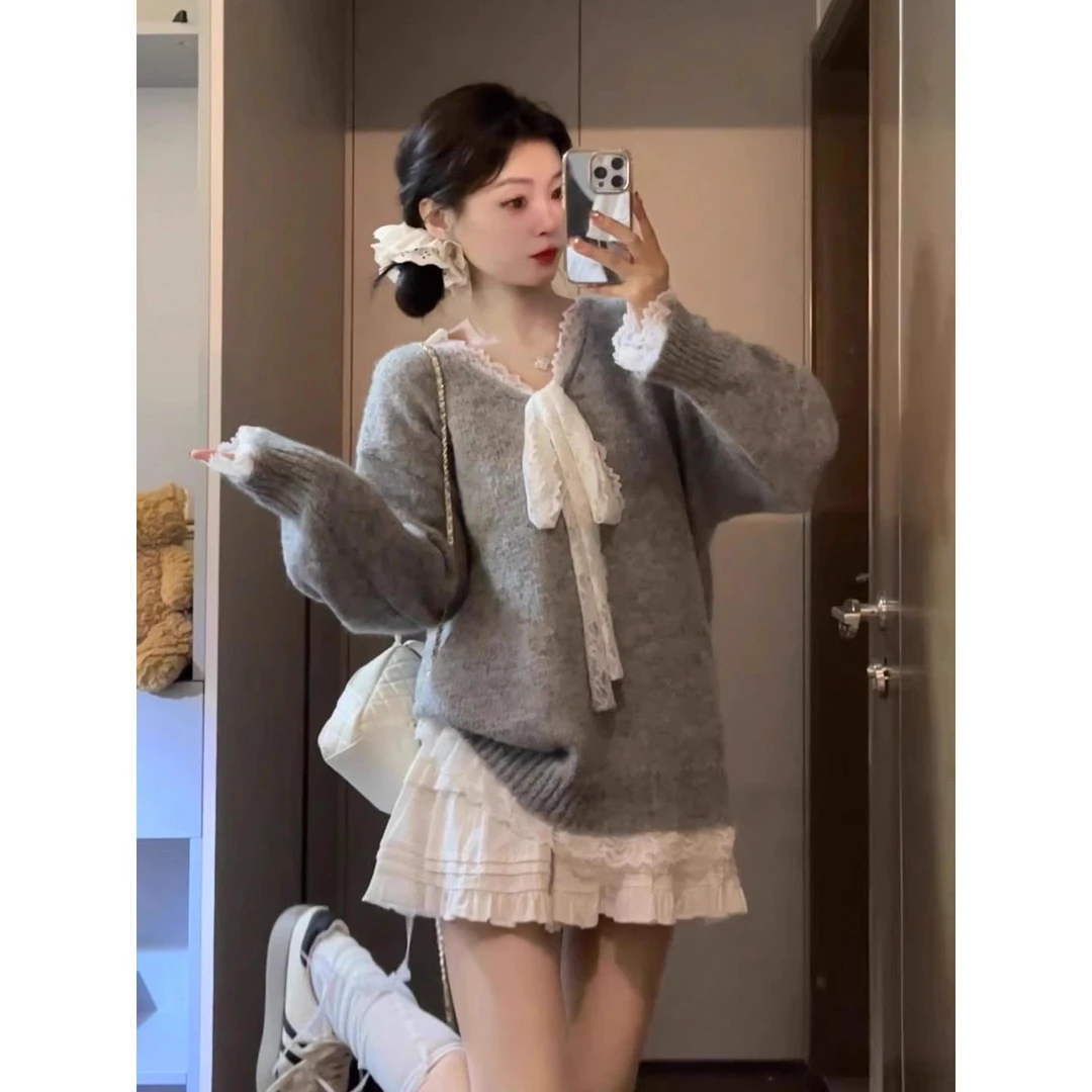 灰色设计新款蕾丝拼接蝴蝶结长袖毛衣针织衫宽松慵懒加绒加厚毛衣
