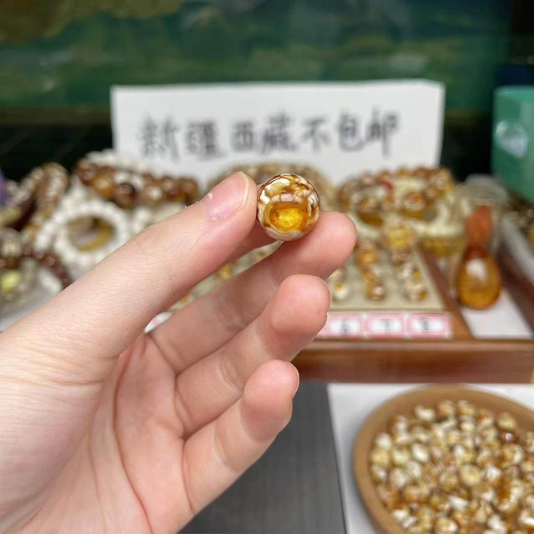沁色蜜蜡白花圆珠一物一图尺寸15.3mm搭配手串好看1126号