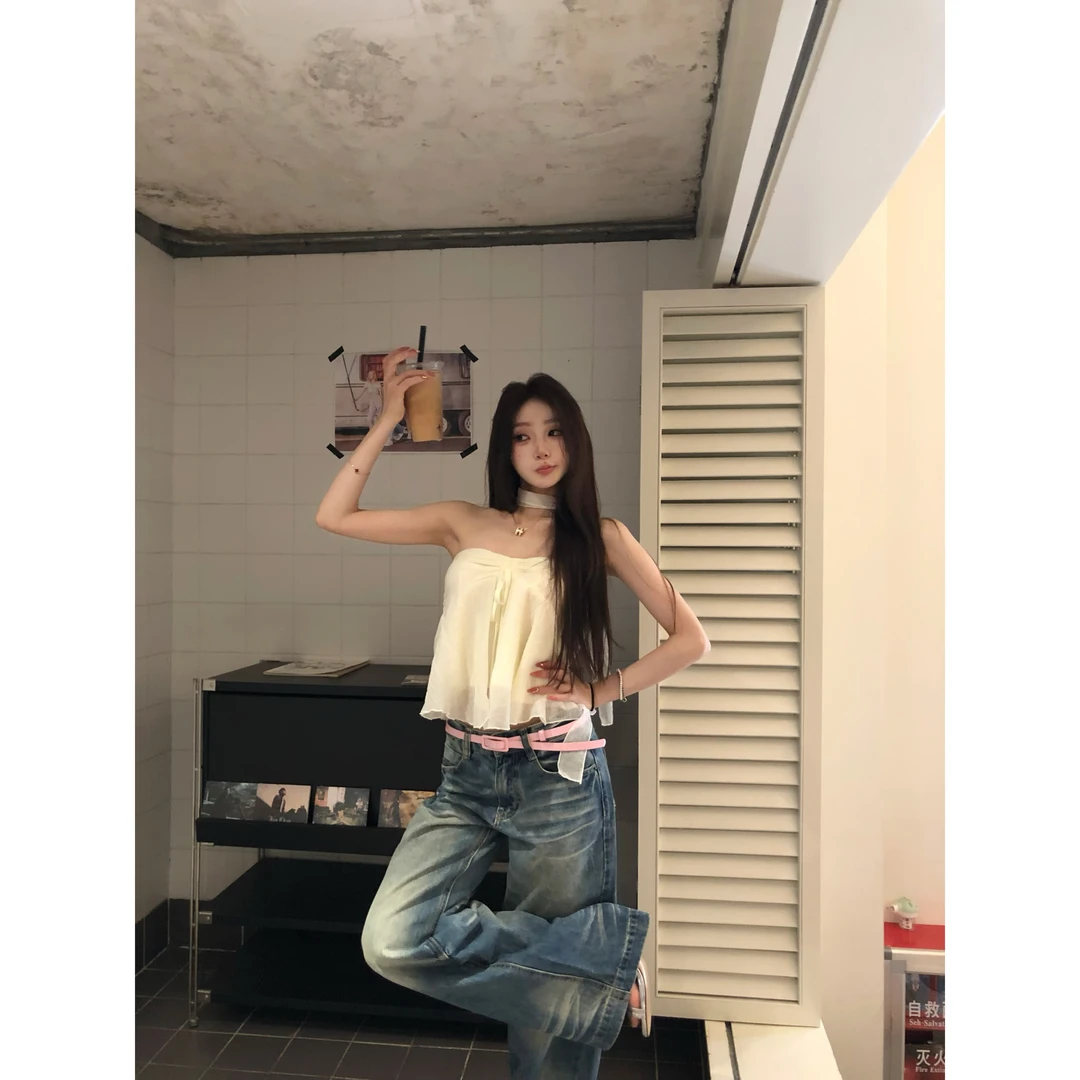 withmin白兔 黄油薄荷 纯欲清透感拼接抽绳系带抹胸短上衣2523539