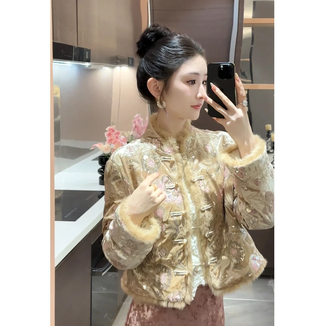 【周粥】【镜花水月】冬款兔毛羽绒亮片手工钉珠外套预JJQ4WT6980