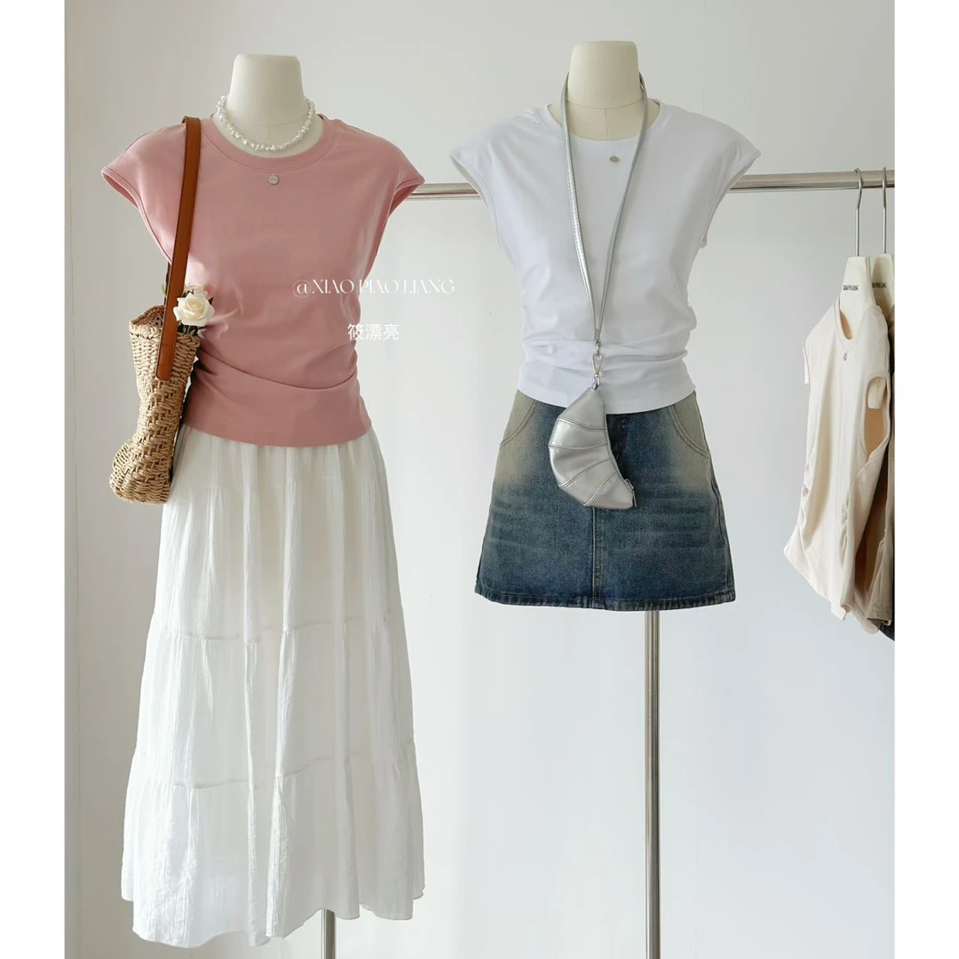 2025韩系极简风圆领小飞袖T恤休闲百搭短袖收腰修身上衣7851#0.2