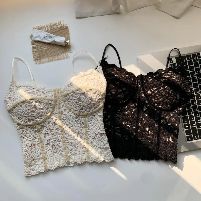 欲辣妹性感蕾丝吊带背心女春季新款外穿带胸垫修身内搭打底上衣