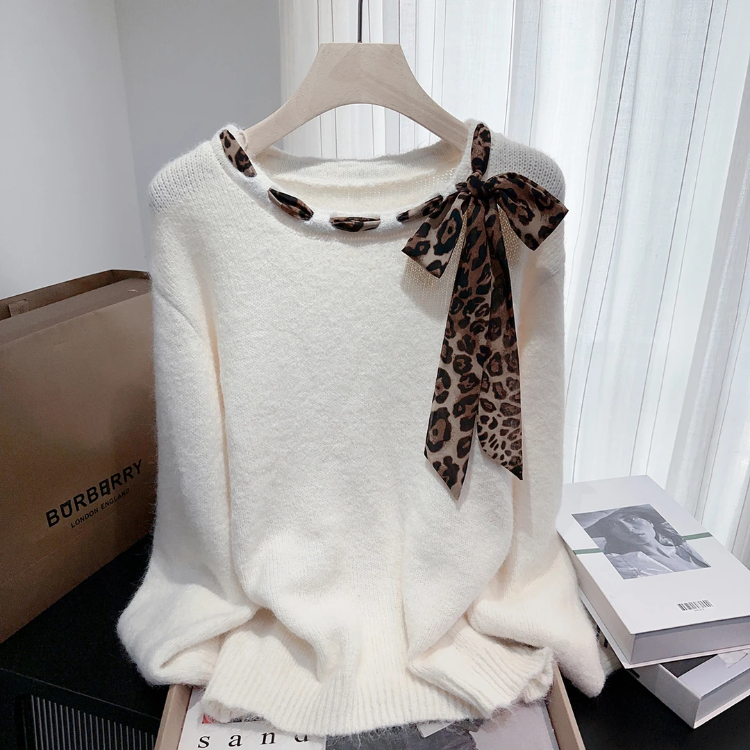 设计感豹纹丝巾蝴蝶结套头毛衣女秋冬软糯宽松小众百搭温柔针织衫