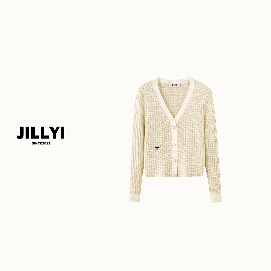 JILLYI南山店【鎏金系列】金色千鸟格V领金线提花针织上衣时尚百搭