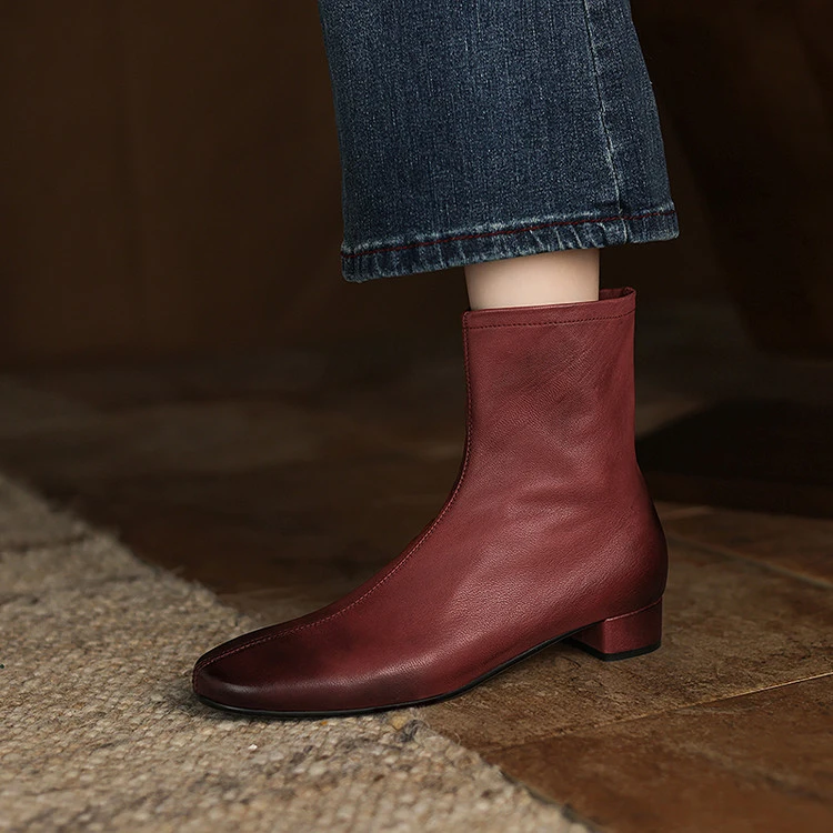 3cm~酒红色复古擦色短筒靴女2025秋冬新款时尚百搭秋冬短靴英伦风