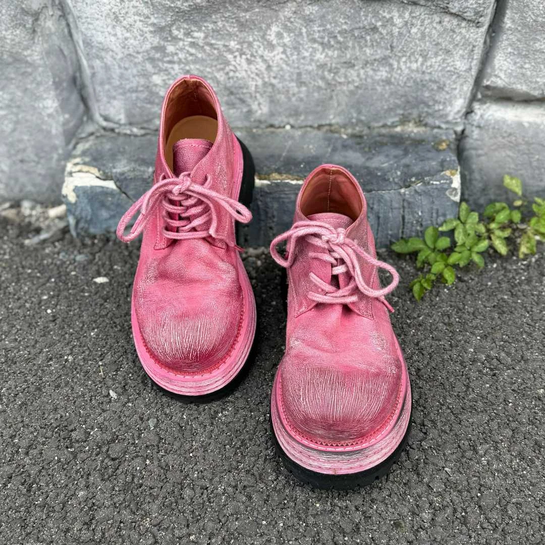 力SF 2025原创新款纯手工水墨粉复古系圆头百搭系带马皮鞋男女款