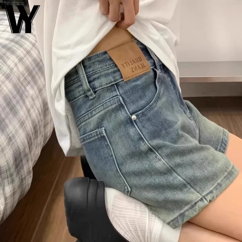 雪千羽美式复古牛仔短裤女2025夏新款高腰宽松设计感a字阔腿热裤