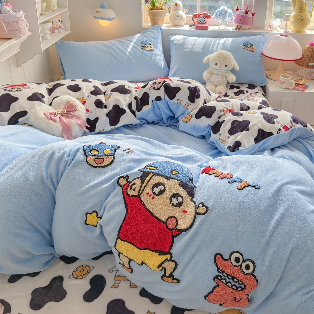 可爱蜡笔小新牛奶绒毛巾绣被套加厚四件套珊瑚绒床单学生三件套冬