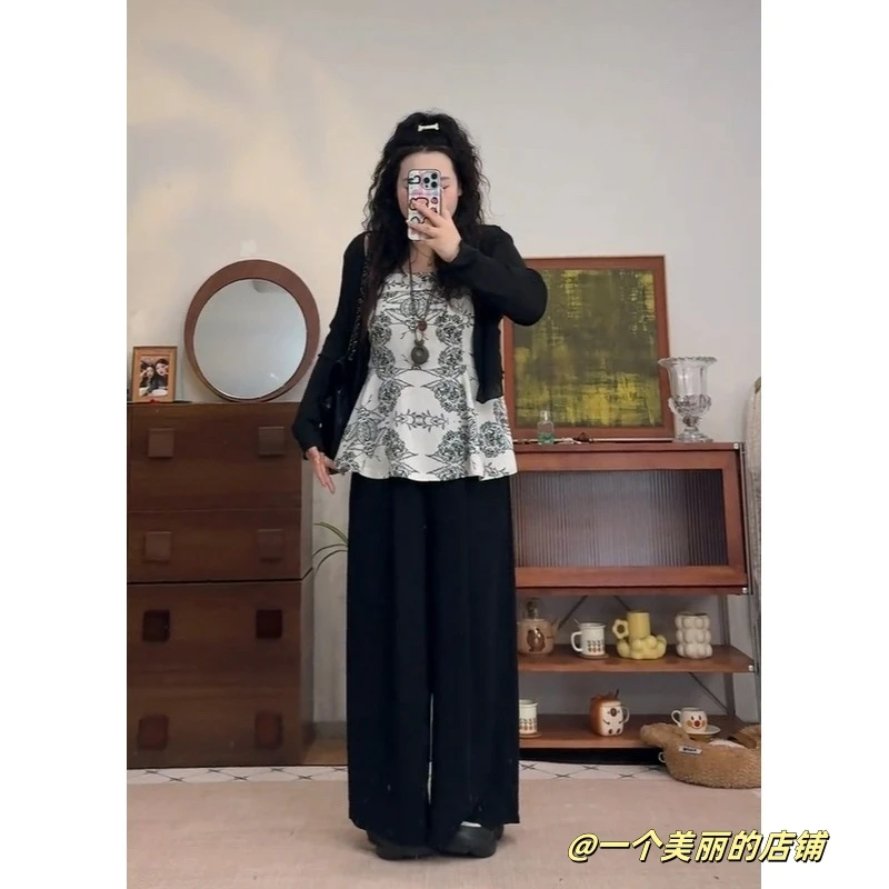 大码微胖时尚印花吊带背心开衫外搭宽松裤子三件套1981#