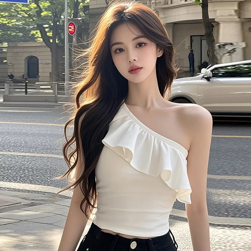 夏季穿搭小个子拼接荷叶边斜领无袖上衣女辣妹纯欲风显瘦短款t恤
