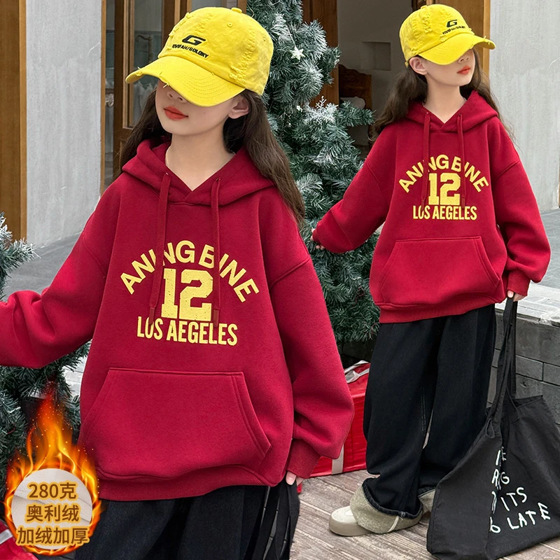 儿童卫衣冬季中国风女童红色奥利绒加厚绒衫女孩连帽外套保暖上衣