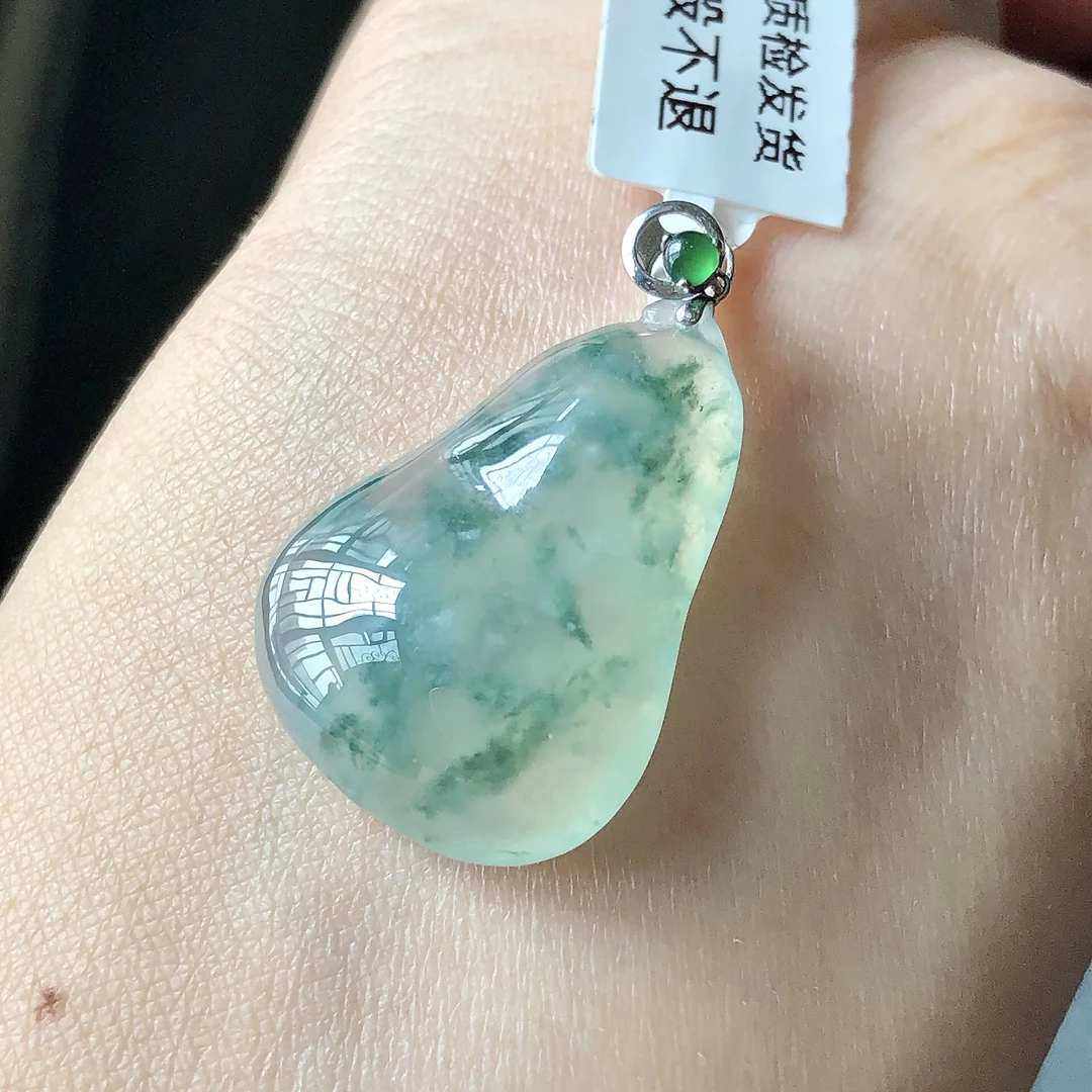 缅甸天然A货翡翠18k金镶嵌老坑冰种飘花福瓜吊坠尺寸30/18.7/6.6