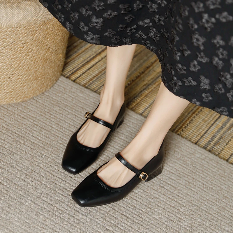 一字带真皮春季新款法式粗跟百搭晚风百搭圆头小红鞋浅口玛丽珍鞋