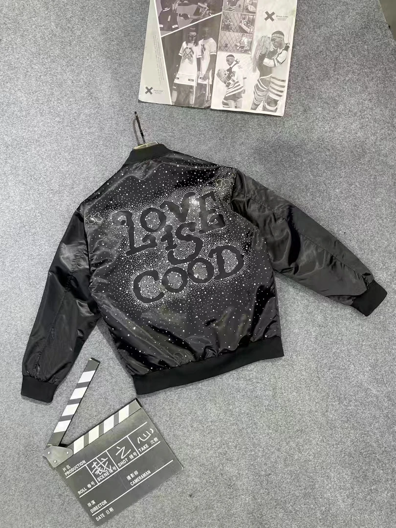 941字母夹克潮牌烫钻华椴亮面短款夹克时尚休闲百搭立领飞行服