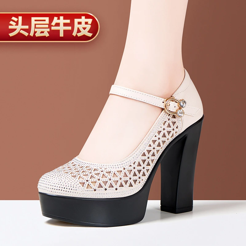 旗袍模特走秀高跟鞋女水钻高跟粗跟厚底镂空网纱真皮单鞋妈妈凉鞋