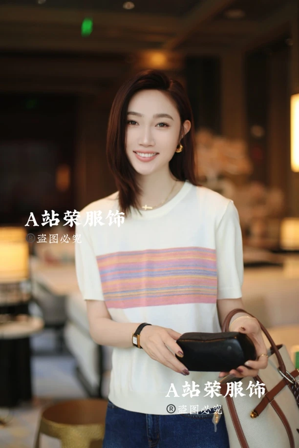 【荣姐精选】清新优雅拼色条纹针织短袖