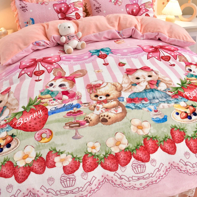 3D立体卡通四件套冬宝宝绒夹棉床盖可爱小兔子柔软保暖加厚防静电